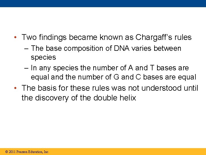  • Two findings became known as Chargaff’s rules – The base composition of
