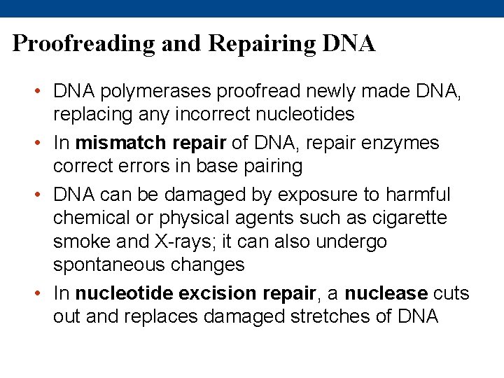 Proofreading and Repairing DNA • DNA polymerases proofread newly made DNA, replacing any incorrect