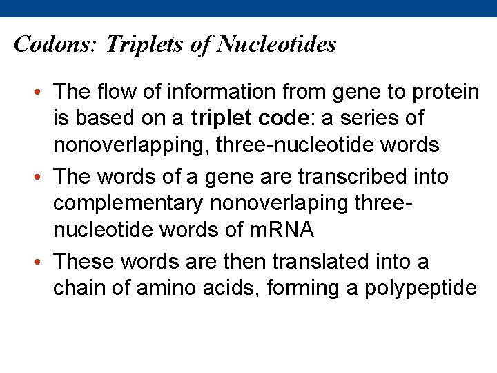 Codons: Triplets of Nucleotides • The flow of information from gene to protein is