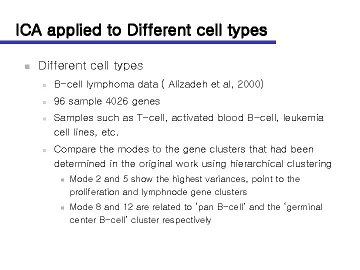 ICA applied to Different cell types n B-cell lymphoma data ( Alizadeh et al,