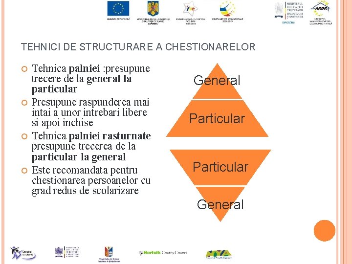 TEHNICI DE STRUCTURARE A CHESTIONARELOR Tehnica palniei : presupune trecere de la general la