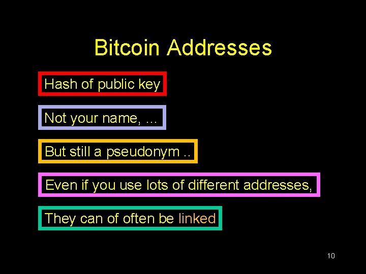 Bitcoin Addresses Hash of public key Not your name, … But still a pseudonym. Bitcoin Addresses Hash of public key Not your name, … But still a pseudonym.