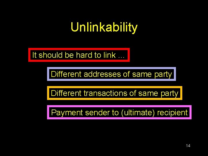 Unlinkability It should be hard to link … Different addresses of same party Different Unlinkability It should be hard to link … Different addresses of same party Different