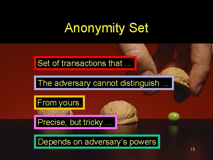 Anonymity Set of transactions that … The adversary cannot distinguish … From yours. Precise, Anonymity Set of transactions that … The adversary cannot distinguish … From yours. Precise,