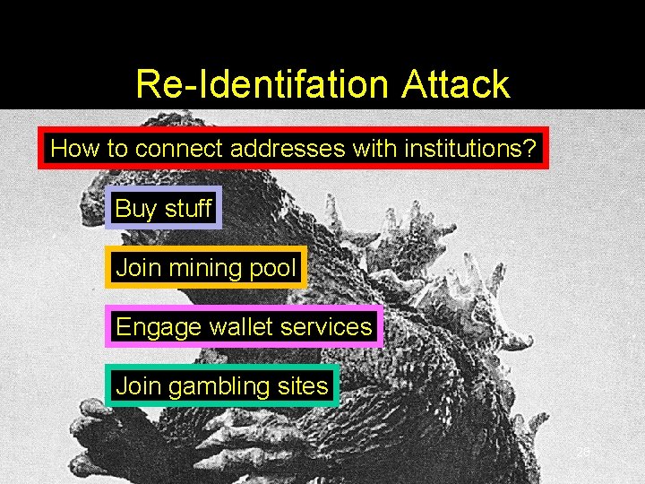Re-Identifation Attack How to connect addresses with institutions? Buy stuff Join mining pool Engage Re-Identifation Attack How to connect addresses with institutions? Buy stuff Join mining pool Engage