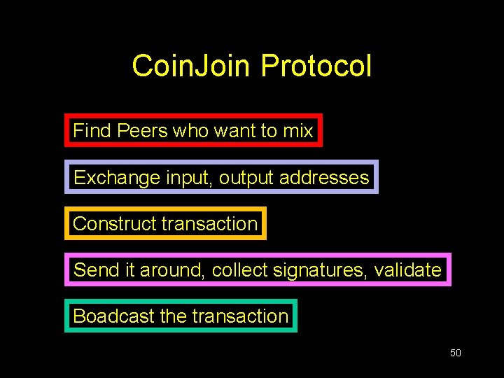 Coin. Join Protocol Find Peers who want to mix Exchange input, output addresses Construct Coin. Join Protocol Find Peers who want to mix Exchange input, output addresses Construct