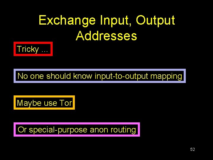 Exchange Input, Output Addresses Tricky … No one should know input-to-output mapping Maybe use Exchange Input, Output Addresses Tricky … No one should know input-to-output mapping Maybe use