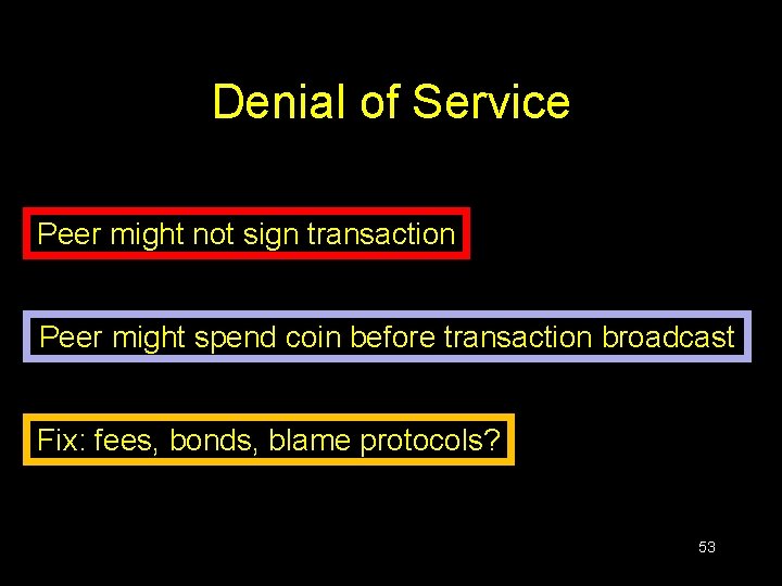 Denial of Service Peer might not sign transaction Peer might spend coin before transaction Denial of Service Peer might not sign transaction Peer might spend coin before transaction