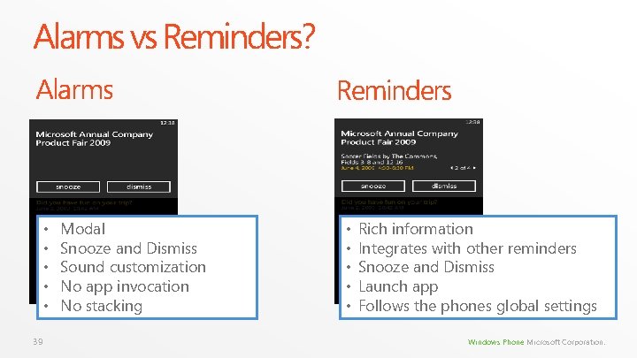 Alarms vs Reminders? Alarms • • • 39 Modal Snooze and Dismiss Sound customization Alarms vs Reminders? Alarms • • • 39 Modal Snooze and Dismiss Sound customization