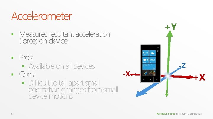 Accelerometer § Measures resultant acceleration (force) on device Pros: § Available on all devices Accelerometer § Measures resultant acceleration (force) on device Pros: § Available on all devices