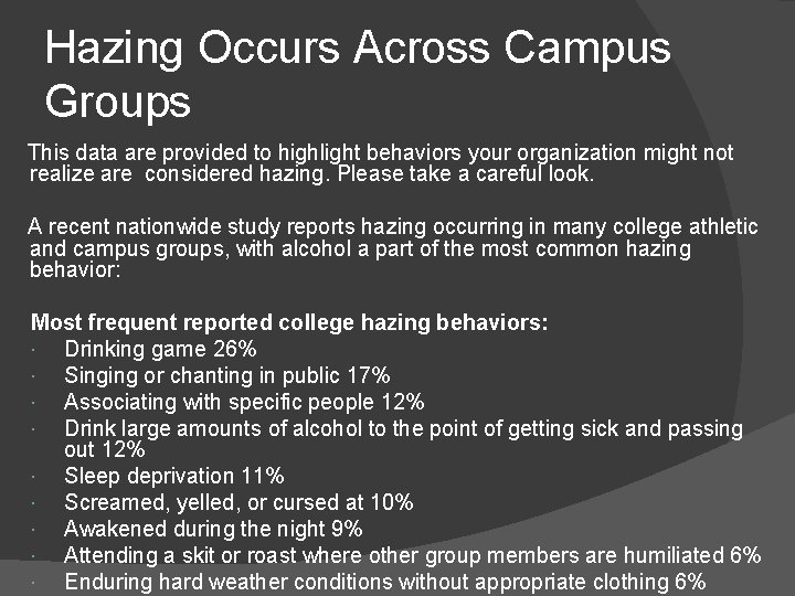  Hazing Occurs Across Campus Groups This data are provided to highlight behaviors your