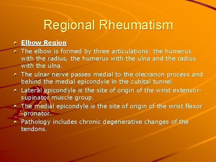 Regional Rheumatism Elbow Region The elbow is formed by three articulations: the humerus with