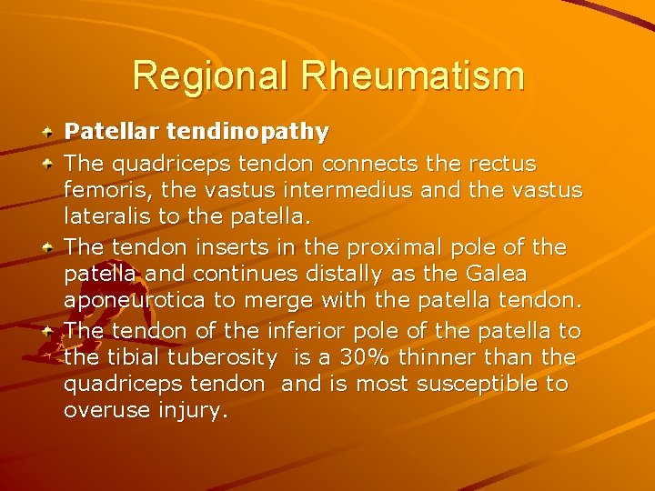 Regional Rheumatism Patellar tendinopathy The quadriceps tendon connects the rectus femoris, the vastus intermedius