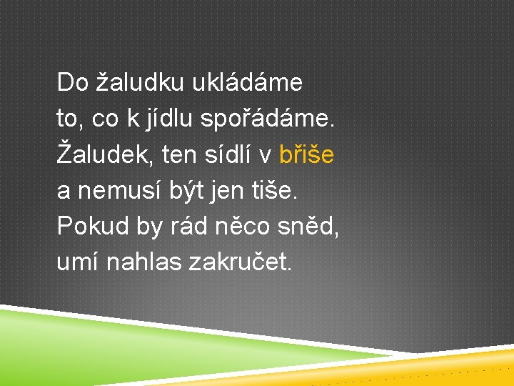 Do žaludku ukládáme to, co k jídlu spořádáme. Žaludek, ten sídlí v břiše a