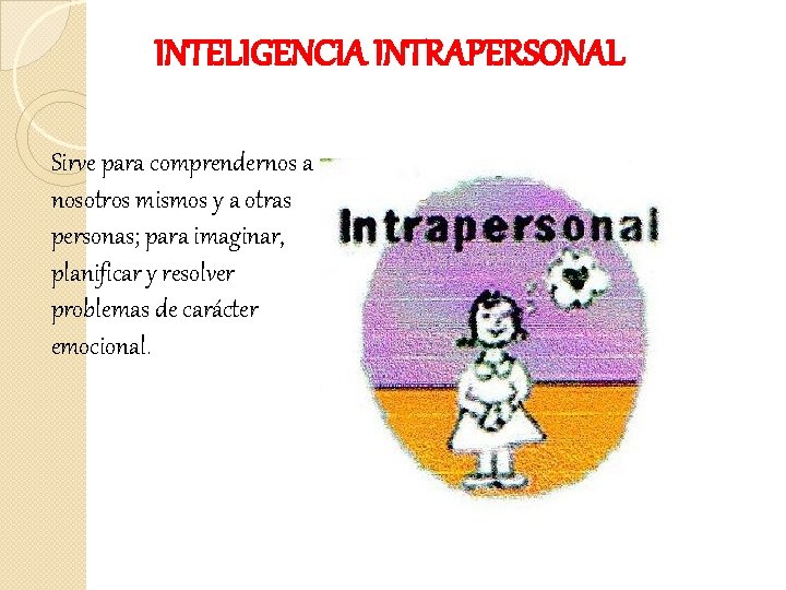 INTELIGENCIA INTRAPERSONAL Sirve para comprendernos a nosotros mismos y a otras personas; para imaginar,
