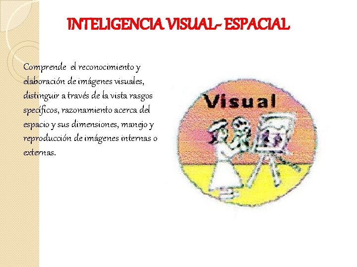 INTELIGENCIA VISUAL- ESPACIAL Comprende el reconocimiento y elaboración de imágenes visuales, distinguir a través