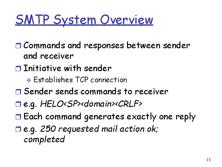 SMTP System Overview r Commands and responses between sender and receiver r Initiative with