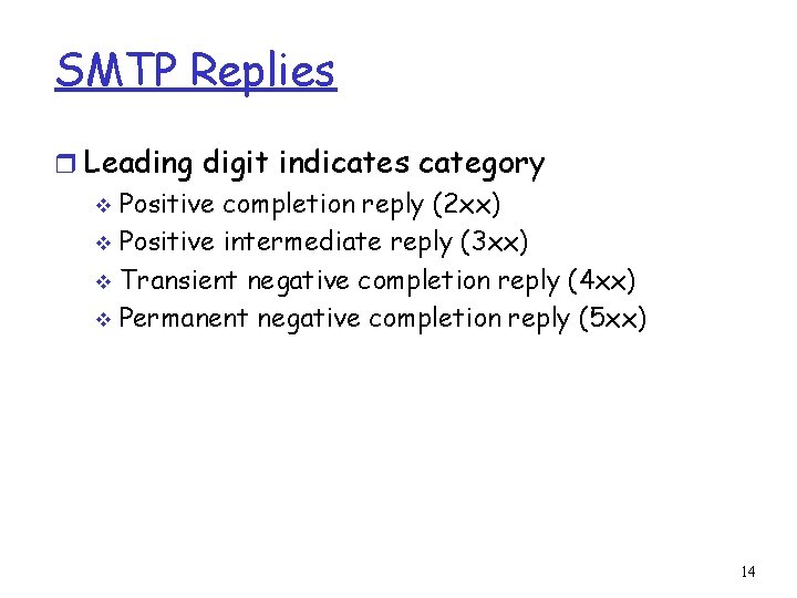 SMTP Replies r Leading digit indicates category v Positive completion reply (2 xx) v