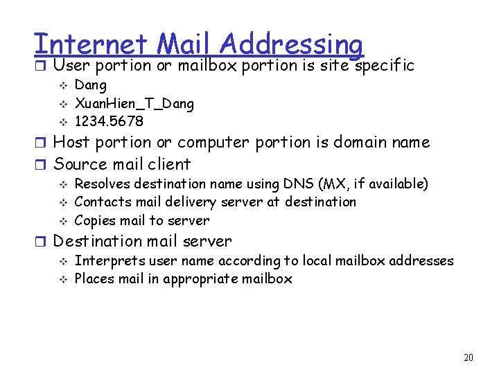 Internet Mail Addressing r User portion or mailbox portion is site specific v Dang