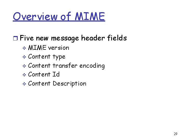 Overview of MIME r Five new message header fields v MIME version v Content