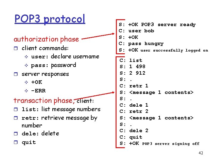 POP 3 protocol authorization phase r client commands: v v user: declare username pass: