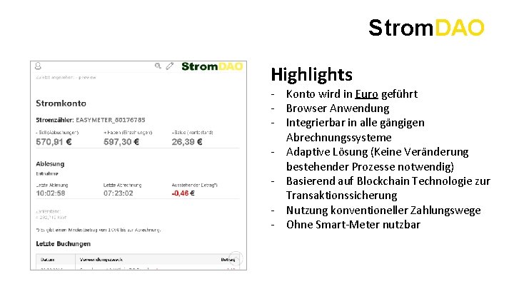 Strom. DAO Highlights - Konto wird in Euro geführt - Browser Anwendung - Integrierbar