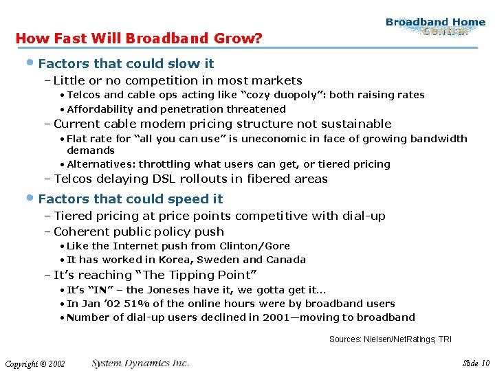 How Fast Will Broadband Grow? • Factors that could slow it – Little or