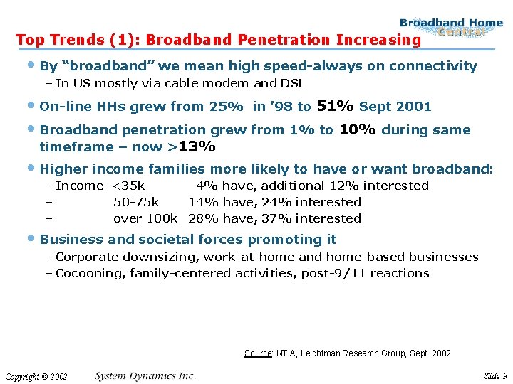 Top Trends (1): Broadband Penetration Increasing • By “broadband” we mean high speed-always on