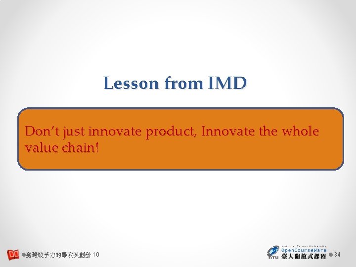 Lesson from IMD Don’t just innovate product, Innovate the whole value chain! 臺灣競爭力的尋索與創發 10