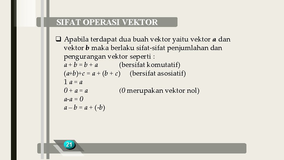 SIFAT OPERASI VEKTOR q Apabila terdapat dua buah vektor yaitu vektor a dan vektor