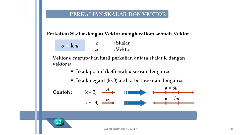 PERKALIAN SKALAR DGN VEKTOR Perkalian Skalar dengan Vektor menghasilkan sebuah Vektor v=ku k u