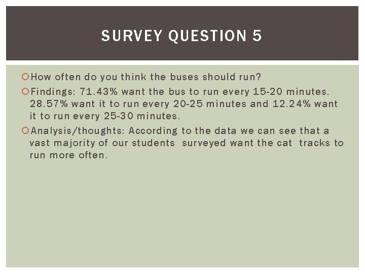 SURVEY QUESTION 5 How often do you think the buses should run? Findings: 71.