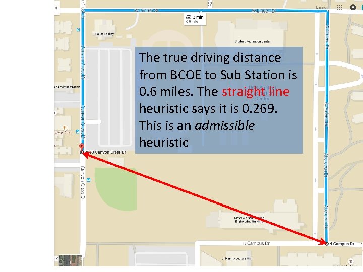 The true driving distance from BCOE to Sub Station is 0. 6 miles. The