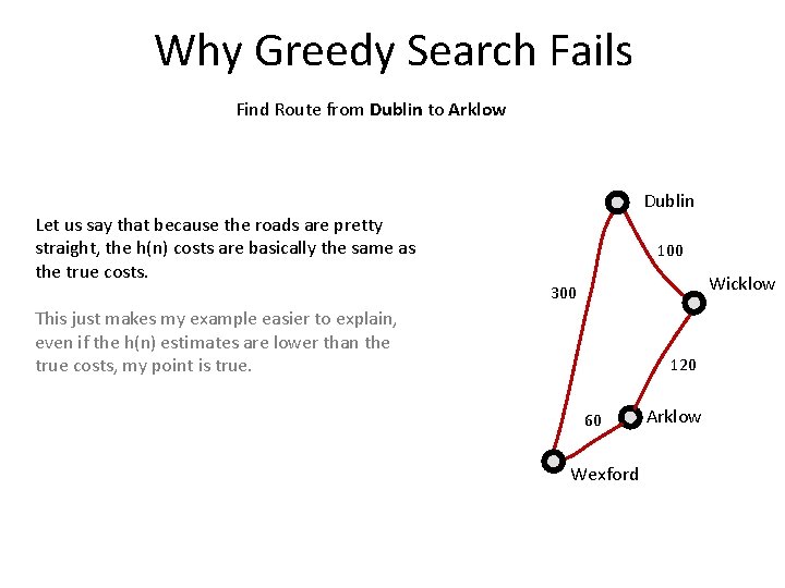 Why Greedy Search Fails Find Route from Dublin to Arklow Dublin Let us say