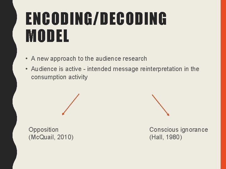 ENCODING/DECODING MODEL • A new approach to the audience research • Audience is active