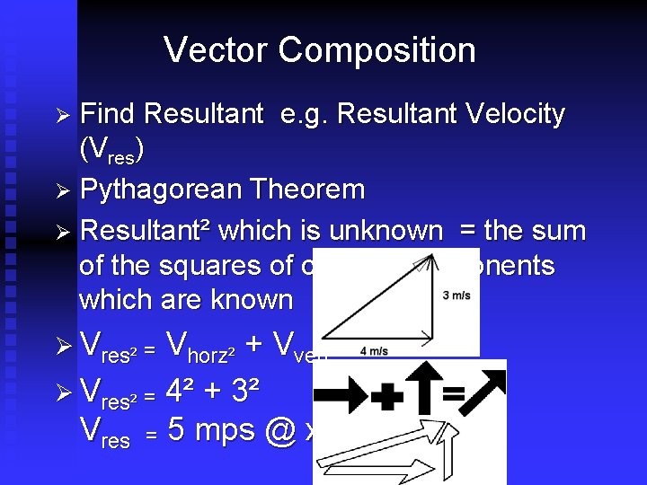 Vector Composition Ø Find Resultant e. g. Resultant Velocity (Vres) Ø Pythagorean Theorem Ø