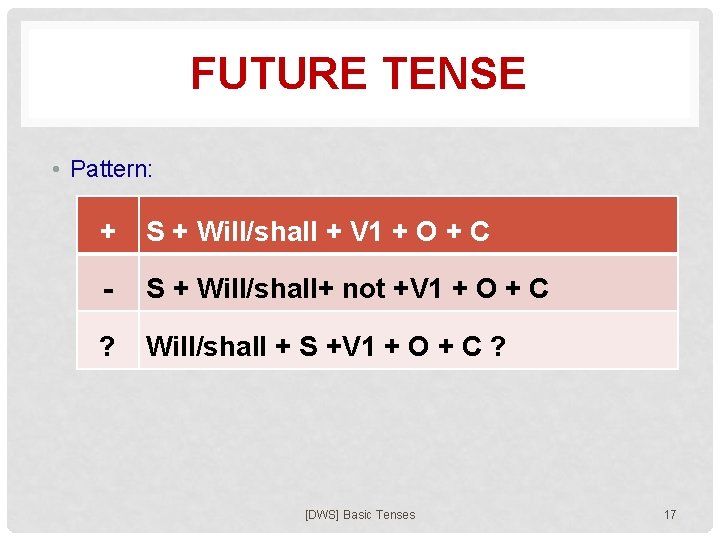 FUTURE TENSE • Pattern: + S + Will/shall + V 1 + O +