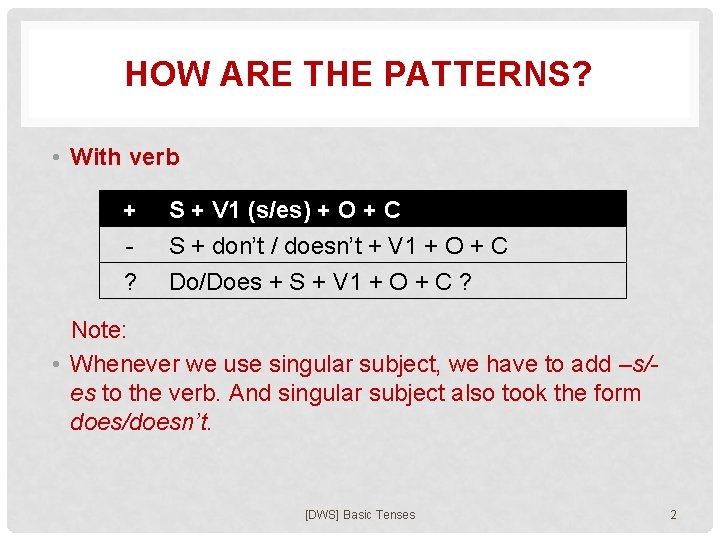 HOW ARE THE PATTERNS? • With verb + ? S + V 1 (s/es)