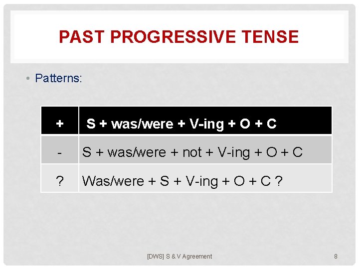 PAST PROGRESSIVE TENSE • Patterns: + S + was/were + V-ing + O +