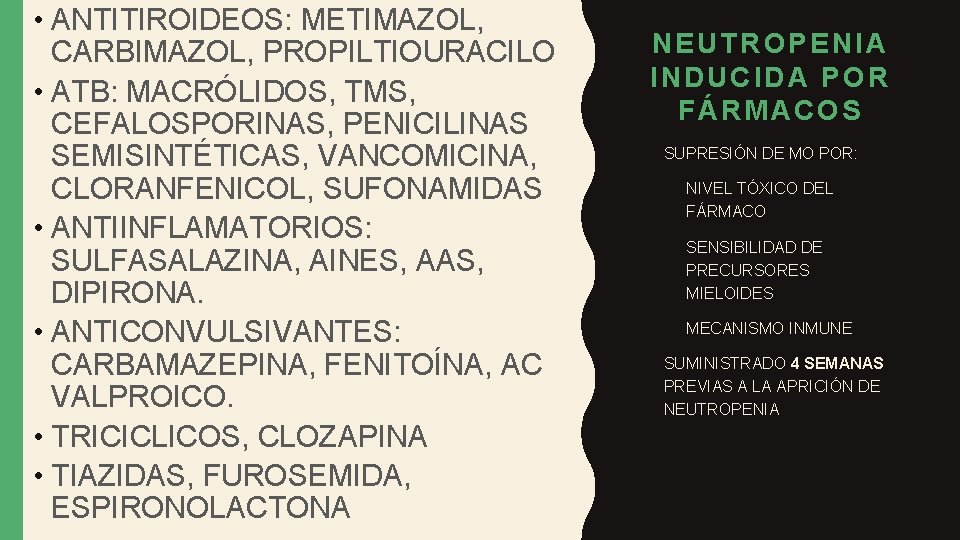  • ANTITIROIDEOS: METIMAZOL, CARBIMAZOL, PROPILTIOURACILO • ATB: MACRÓLIDOS, TMS, CEFALOSPORINAS, PENICILINAS SEMISINTÉTICAS, VANCOMICINA,