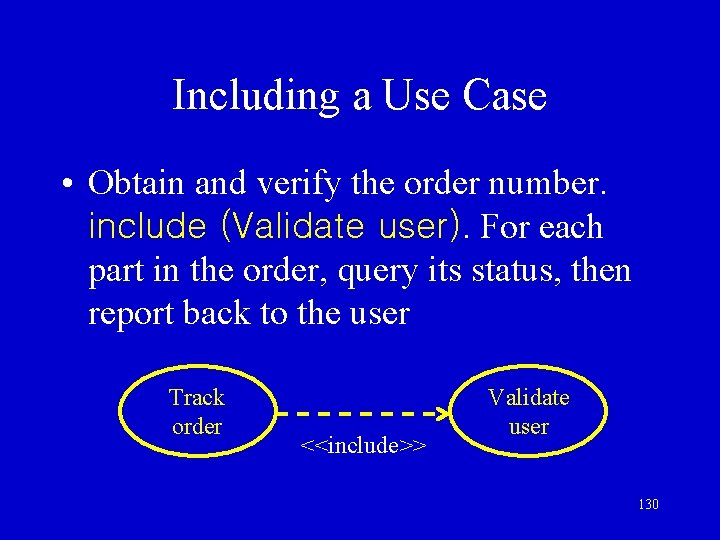 Including a Use Case • Obtain and verify the order number. include (Validate user).