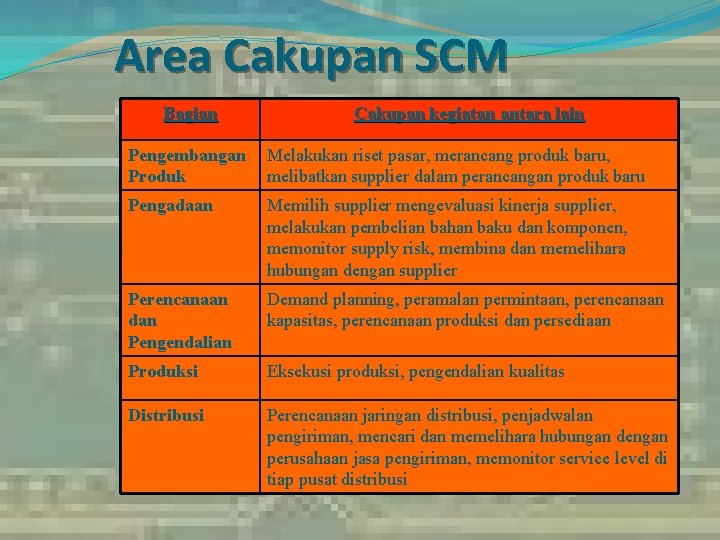 Area Cakupan SCM Bagian Cakupan kegiatan antara lain Pengembangan Produk Melakukan riset pasar, merancang