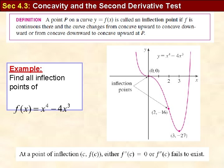 Sec 4. 3: Concavity and the Second Derivative Test Example: Find all inflection points