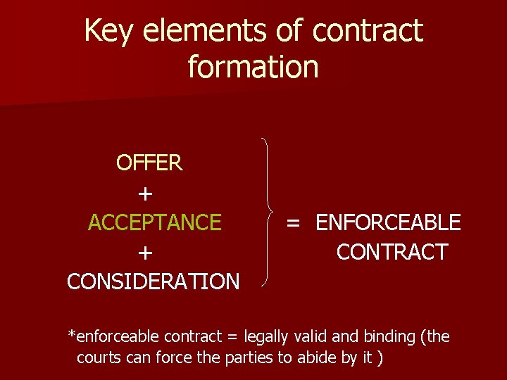Key elements of contract formation OFFER + ACCEPTANCE + CONSIDERATION = ENFORCEABLE CONTRACT *enforceable