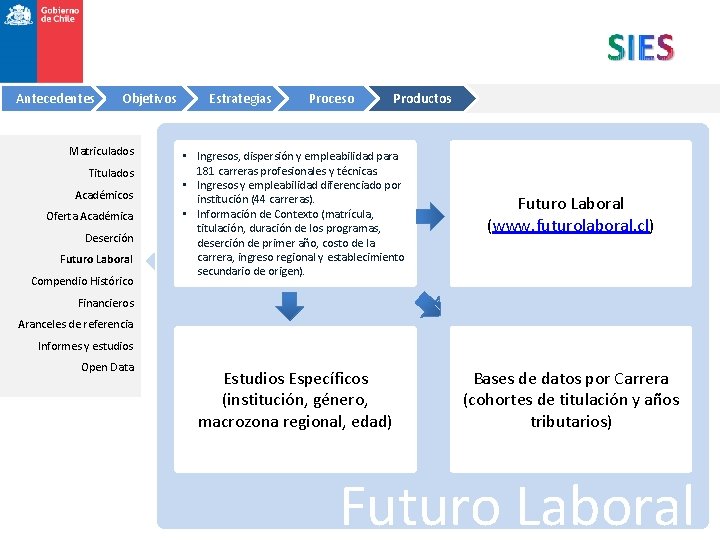 Antecedentes Objetivos Matriculados Titulados Académicos Oferta Académica Deserción Futuro Laboral Compendio Histórico Estrategias Proceso