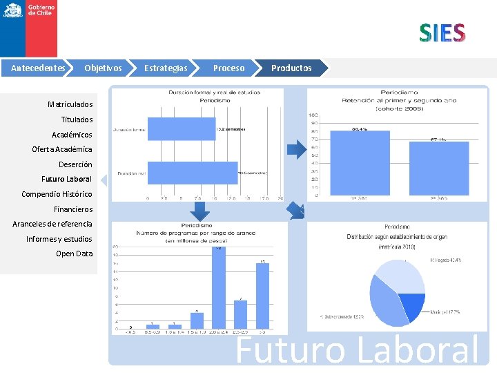 Antecedentes Objetivos Estrategias Proceso Productos Matriculados Titulados Académicos Oferta Académica Deserción Futuro Laboral Compendio