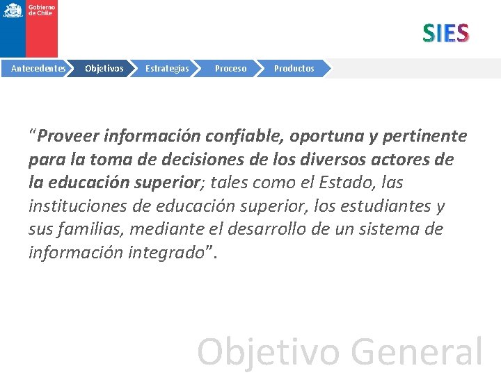 Antecedentes Objetivos Estrategias Proceso Productos “Proveer información confiable, oportuna y pertinente para la toma