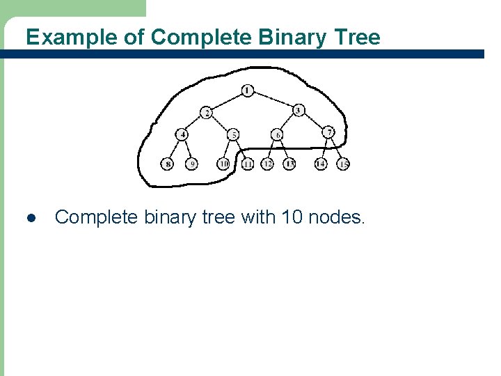 Example of Complete Binary Tree l Complete binary tree with 10 nodes. 