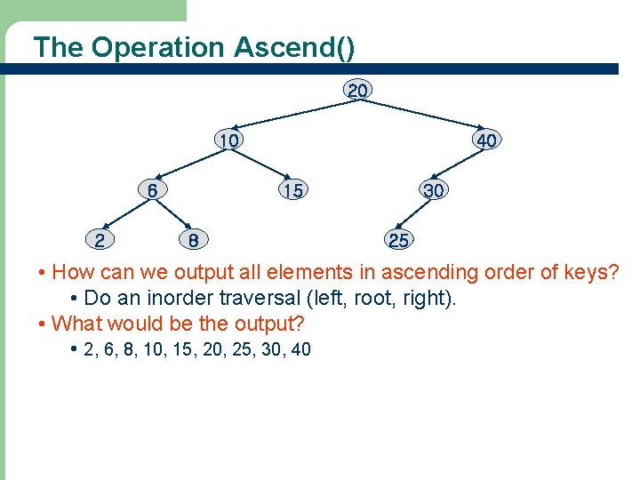 The Operation Ascend() 20 10 6 2 40 15 8 30 25 • How