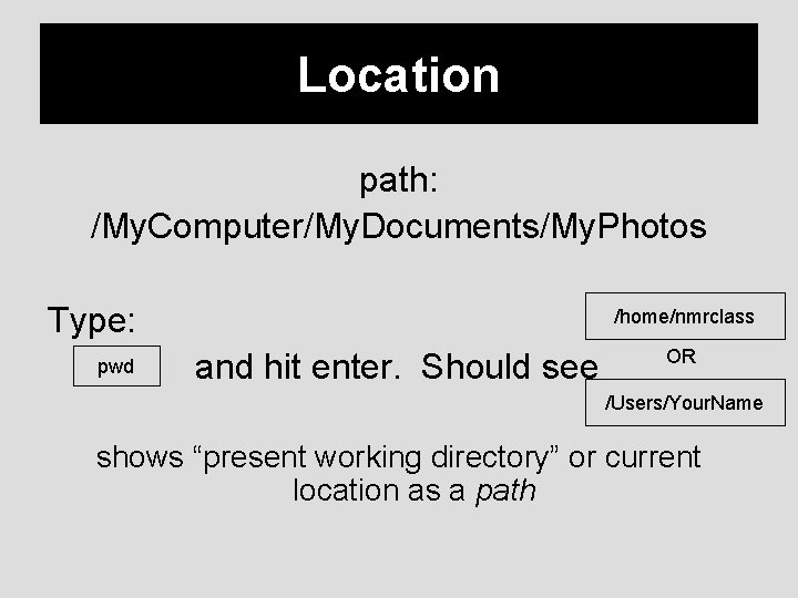 Location path: /My. Computer/My. Documents/My. Photos Type: pwd /home/nmrclass and hit enter. Should see